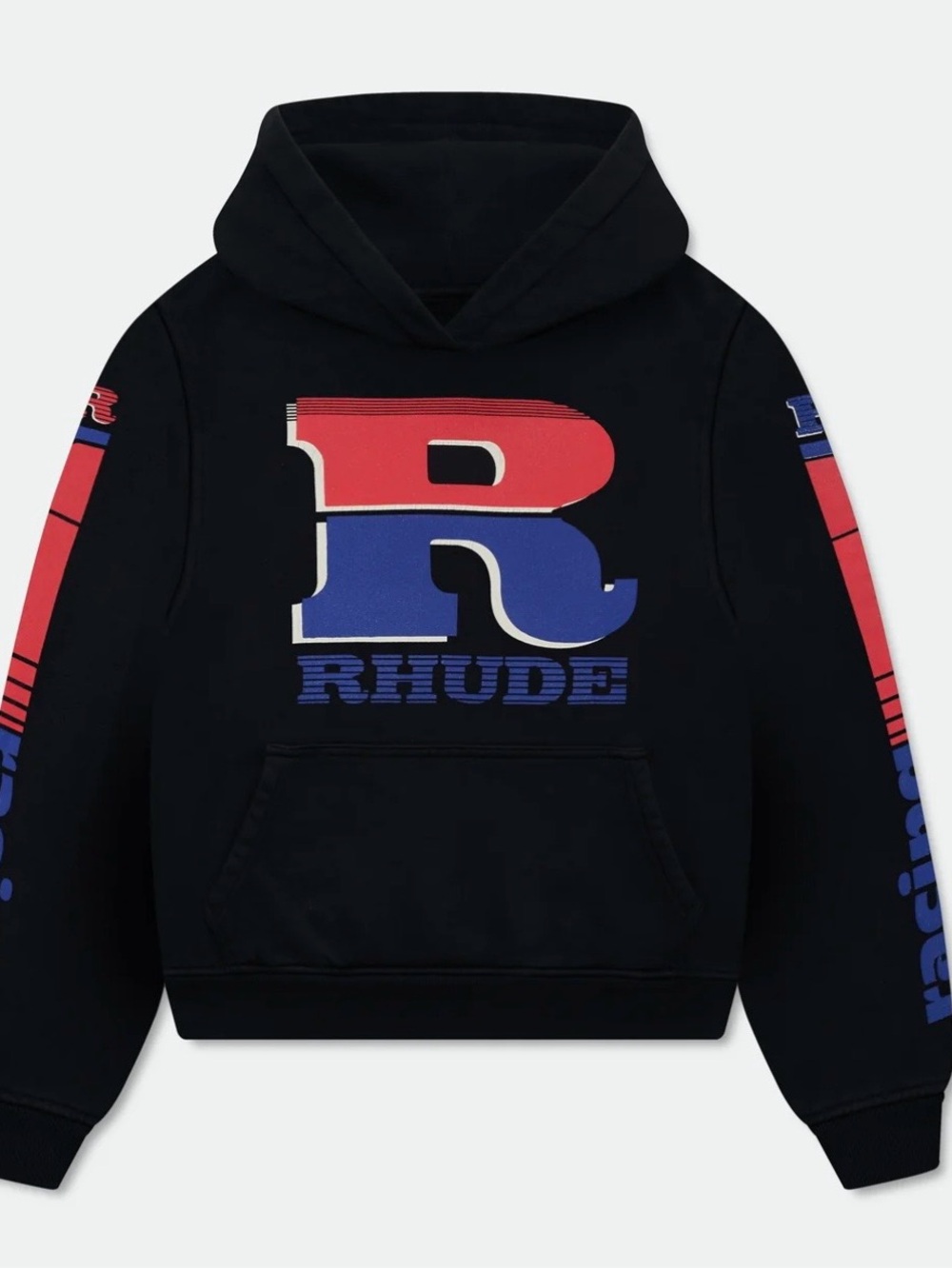 Rhude Black Pullover Hoodie with Red & Blue 'R' Graphic